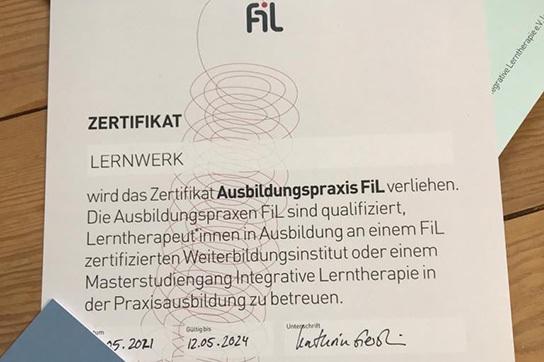 Zertifikat für das Lernwerk als Ausbildungspraxis FiL