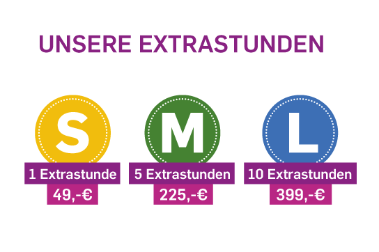 Unsere Extrastunden: 1 Extrastunde für 49€; 5 Extrastunden für 225€; 10 Extrastunden für 399€